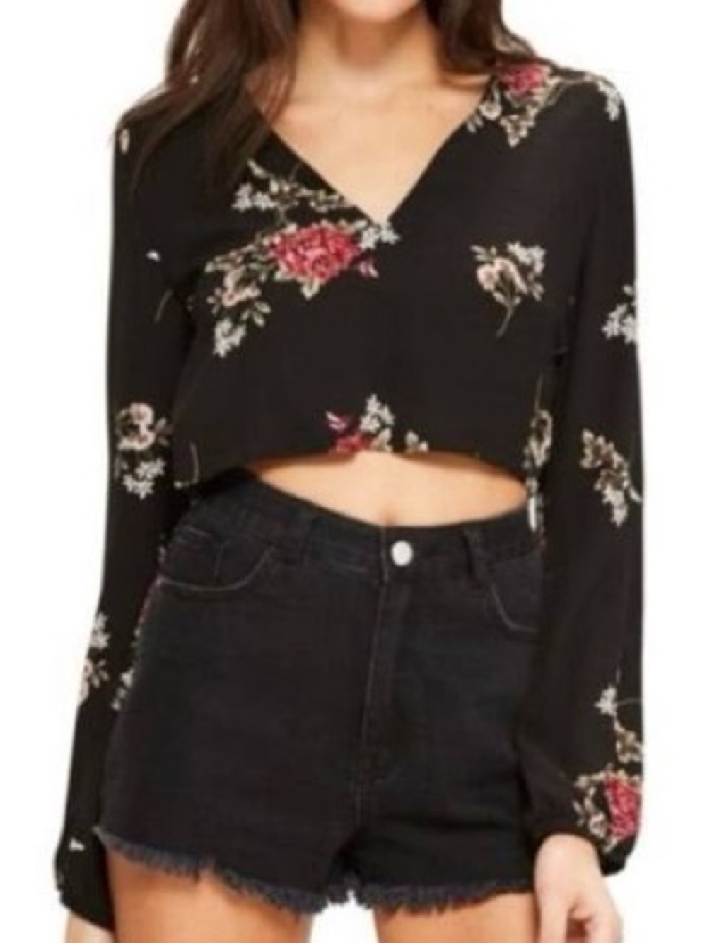 Missguided Nordstrom Black Cropped V-Neck Top Long Sleeve Red Black Floral Small